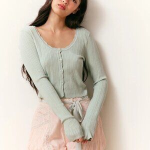 NWT LoveShackFancy Martti Stretch Pointelle Cardigan size S in Eau De Nil
